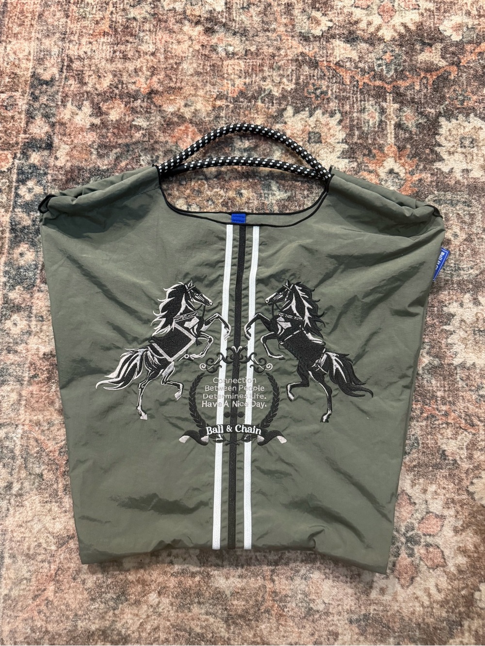 Ball & Chain green horse embroidered tote